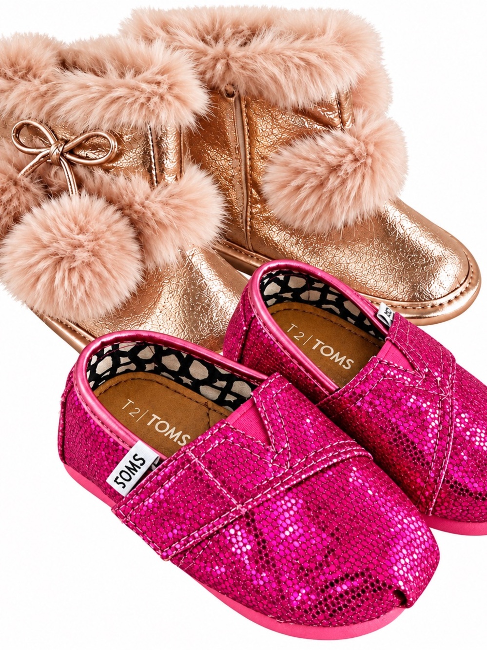 TOMS Pink Glitter Shoes & ALDO Gold Faux Fur Boots Baby Shoe Lot Size 2